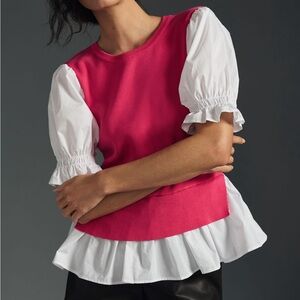 Anthropologie Pink Puff Sleeve Ruffled Blouse